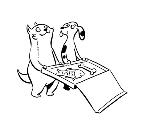 A dog and cat share a tray